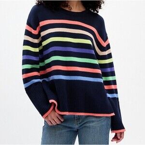 Gap 24/7 Split Hem Crewneck Knit Oversized Sweater Medium Blue Striped